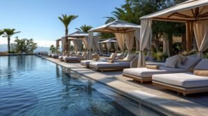 Photothèque a luxury poolside experience, where guests bask in the opulence of cabanas